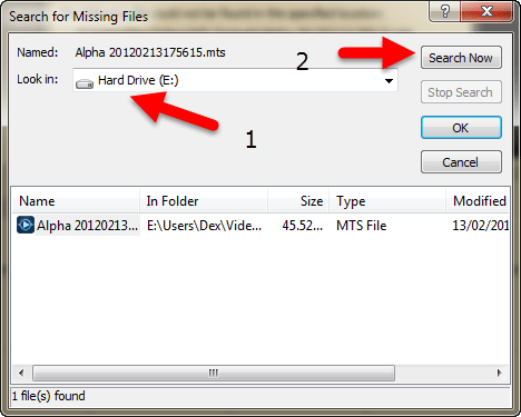 Search for missing files - Window 2
