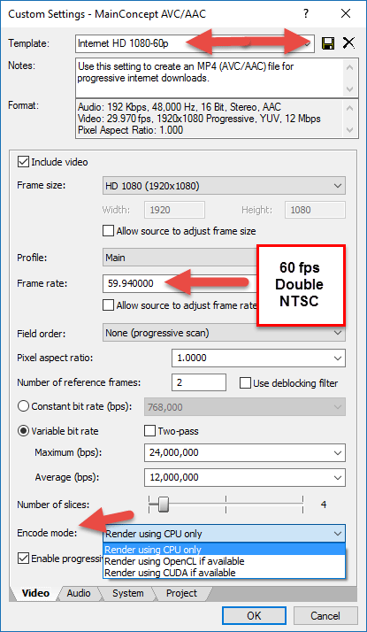 60 fps Double NTSC Settings