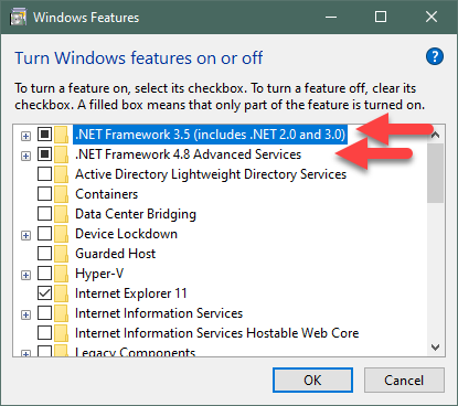 Windows Features .NET Framework